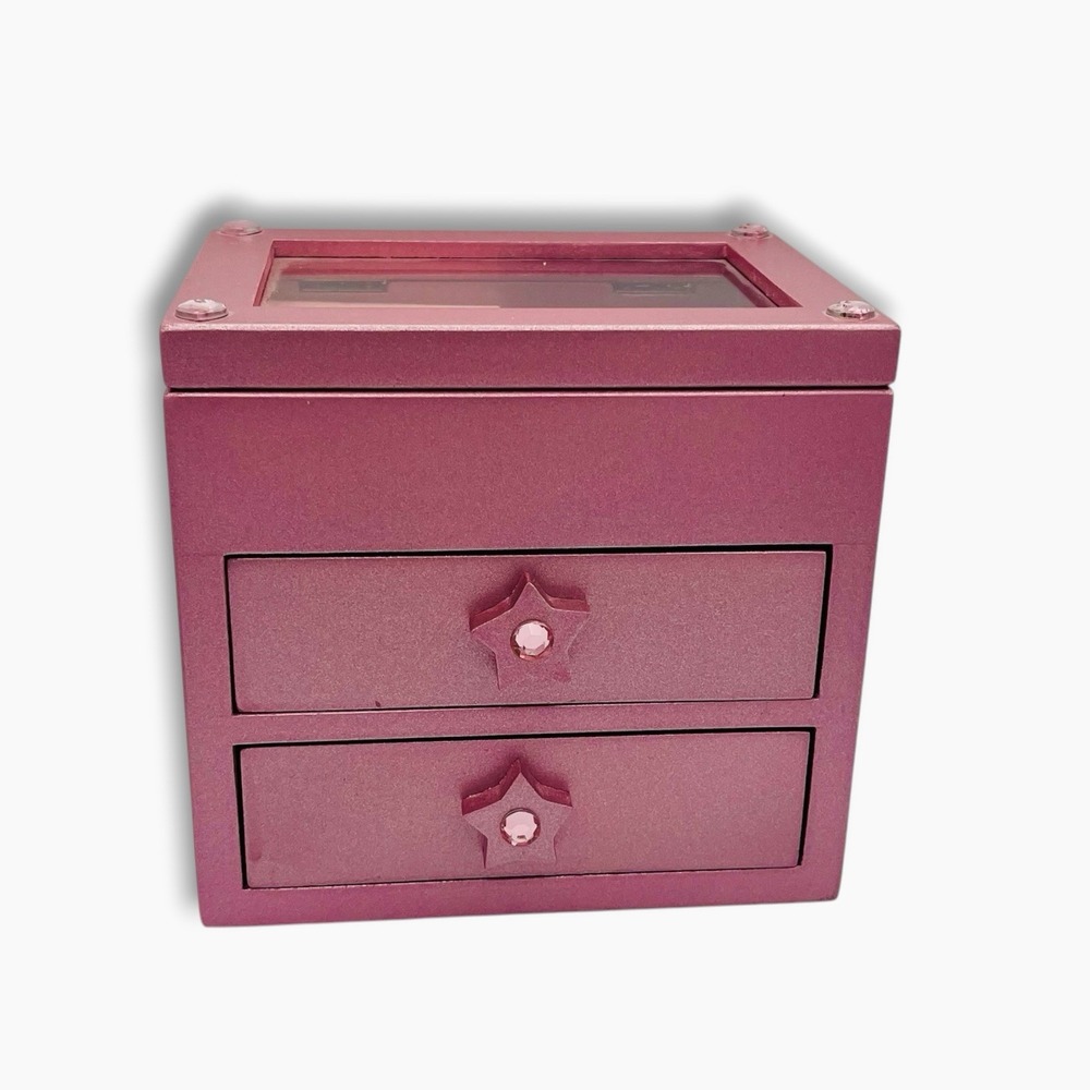 Vintage Mini 3 Drawer Velvet Lined Jewelry Box‎ Pink Hearts Stars 90's